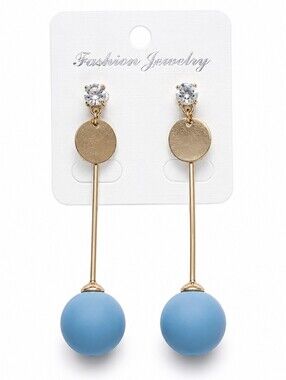 Blue Matte Ball Drop Earrings Gold Tone Geometric Dangle Statement Jewelry